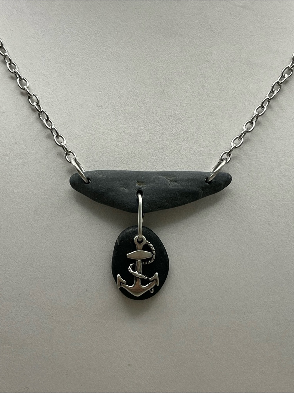 Handmade Sterling Silver Anchor Maine Beach Rock Necklace Natural Stones